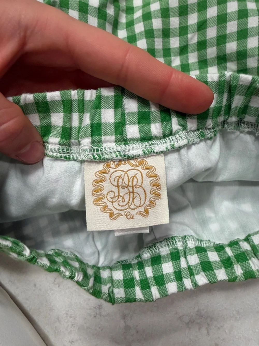 The Beaufort Bonnet Company Green and White Gingham Elastic-Waist Kids Shorts